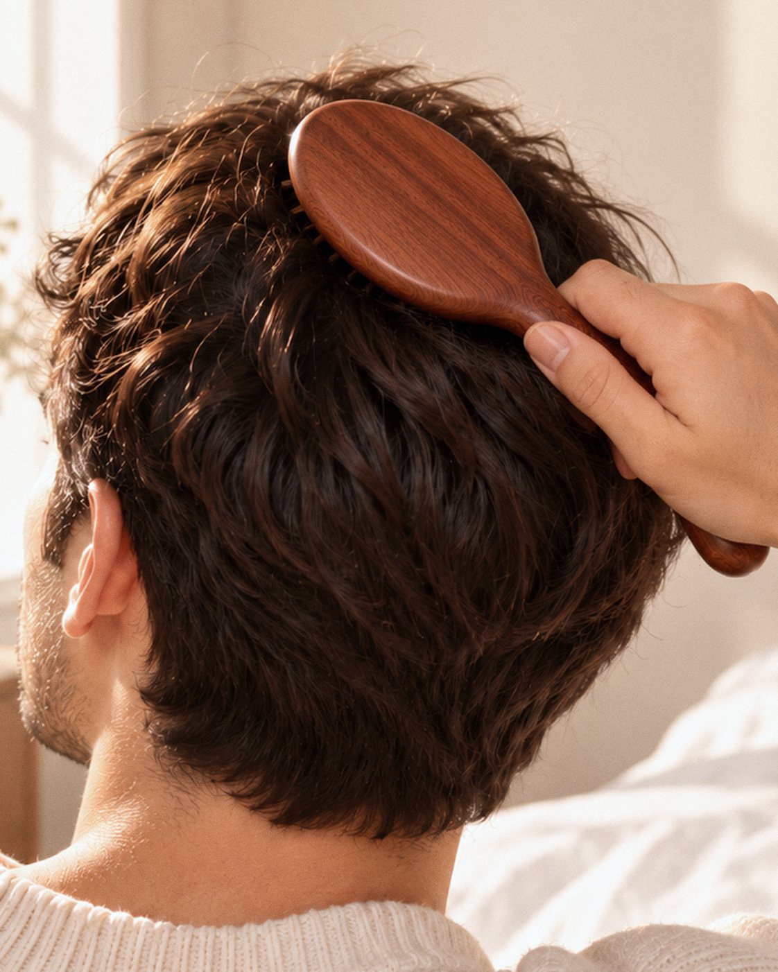 HairGuard sandalwood brush on short dark hair