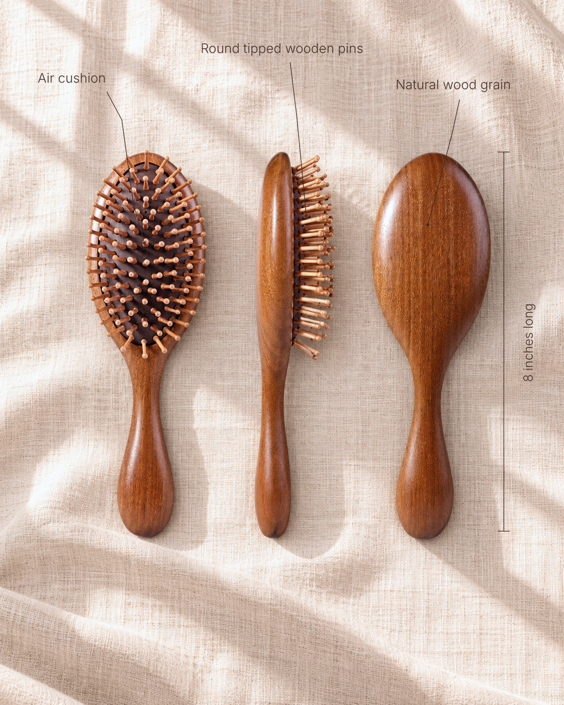 HairGuard sandalwood brush features, front, side and back