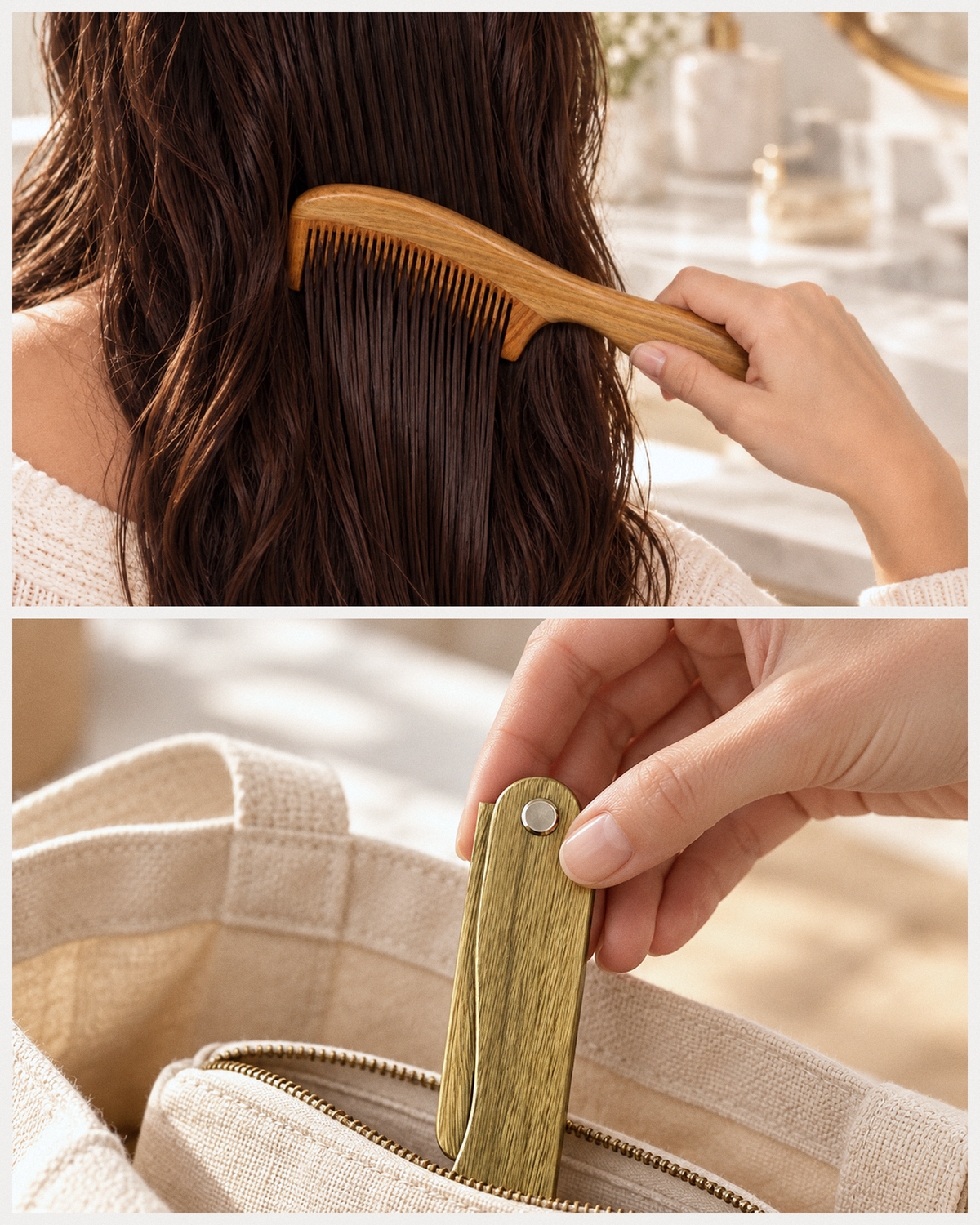 HairGuard sandalwood comb on long hair and travel comb in a bag