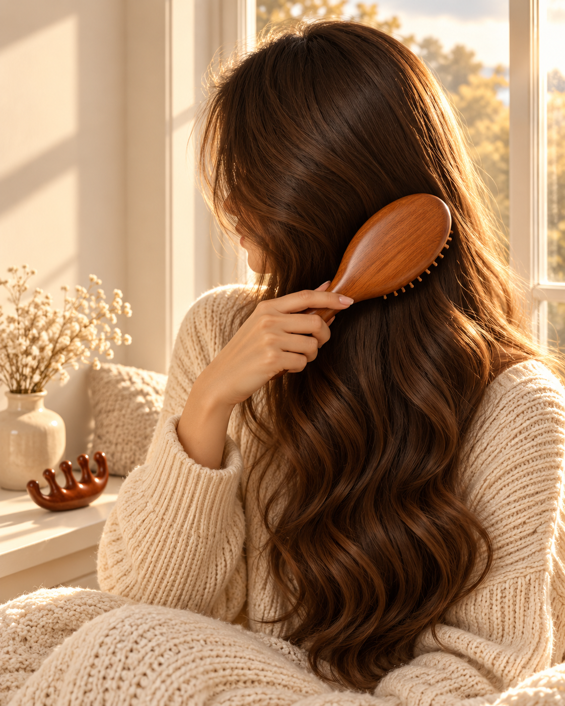 HairGuard sandalwood brush on long brown hair