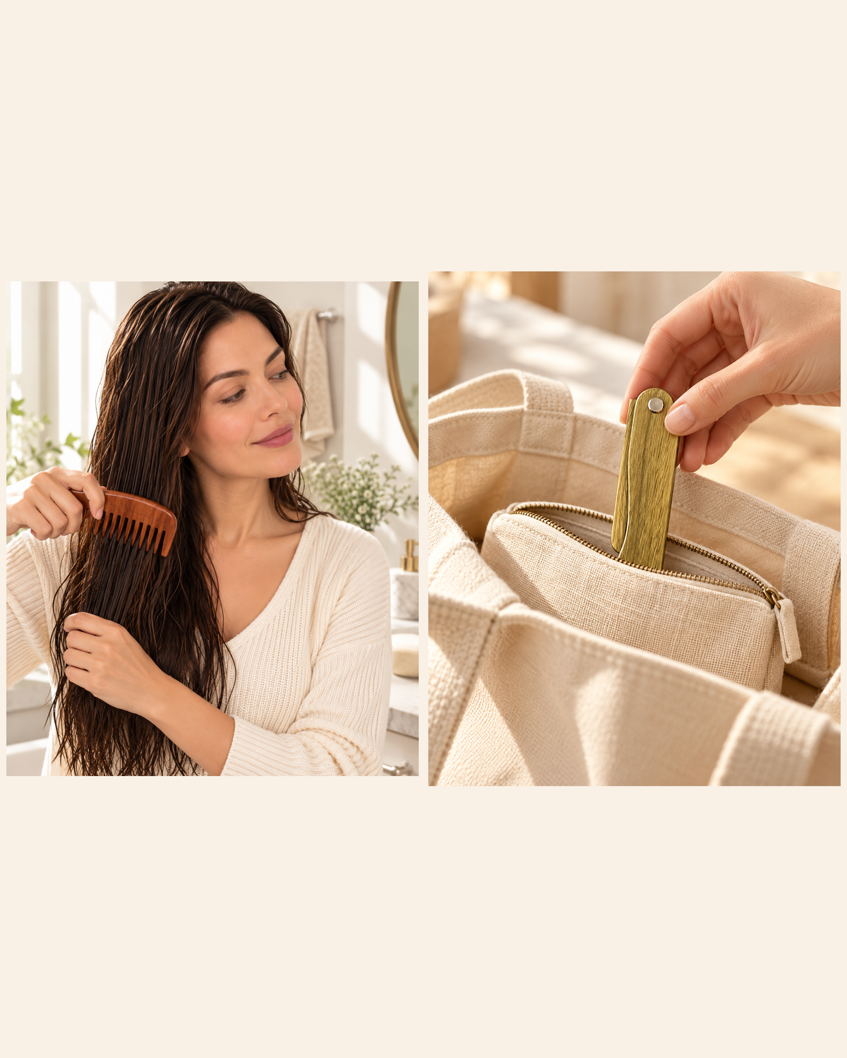HairGuard sandalwood comb on long hair and travel comb in a bag