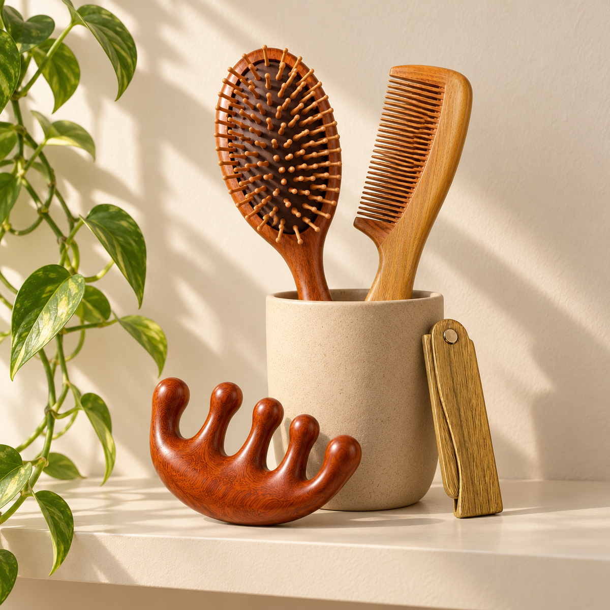 HairGuard wooden brush, combs and scalp massager on a shelf