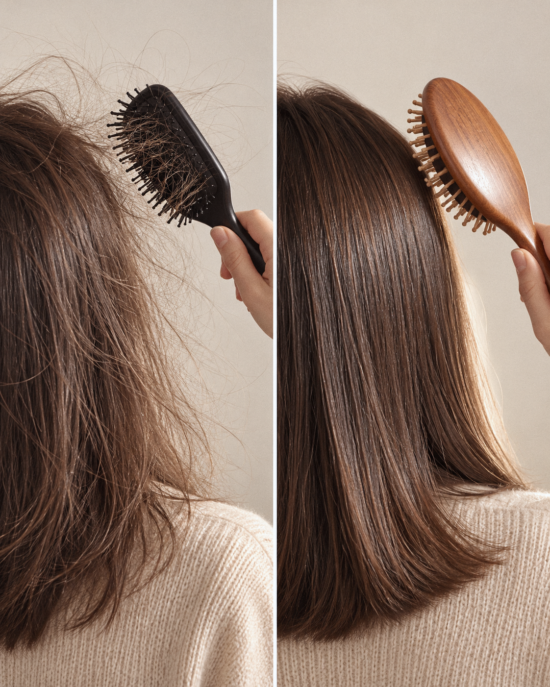 HairGuard sandalwood brush beside a plastic brush on brown hair