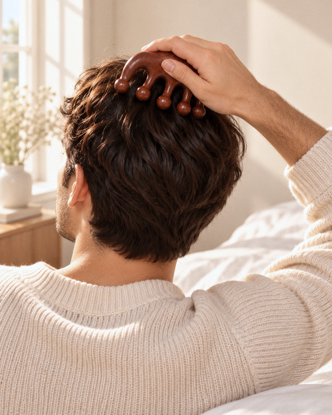 Using the HairGuard wooden scalp massager on the crown, seen from behind